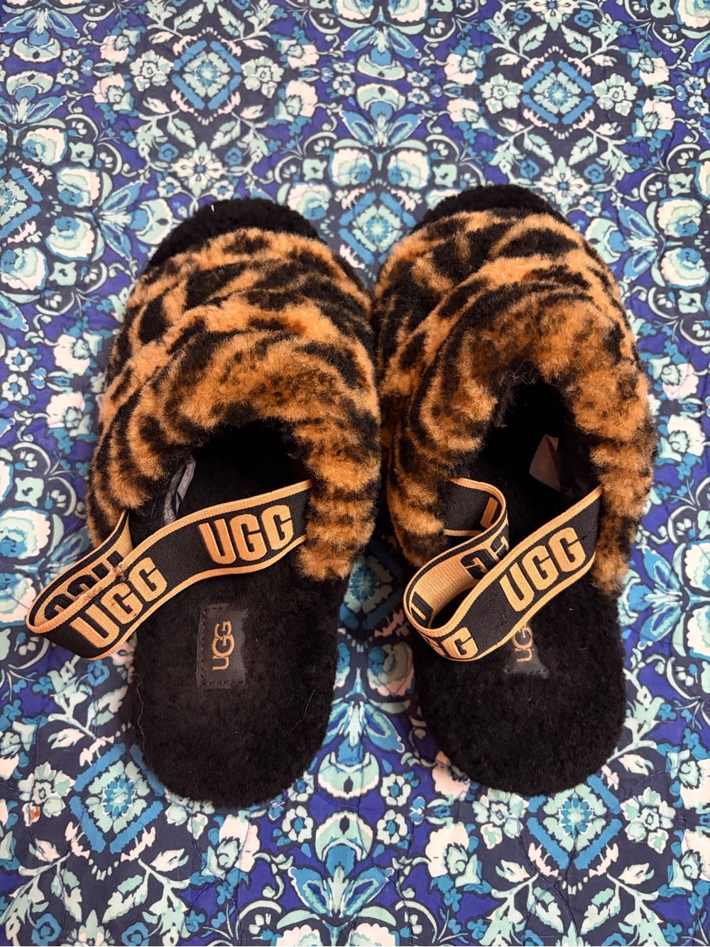UGG  Leopard-Print Fluff Slides in Brown and Black